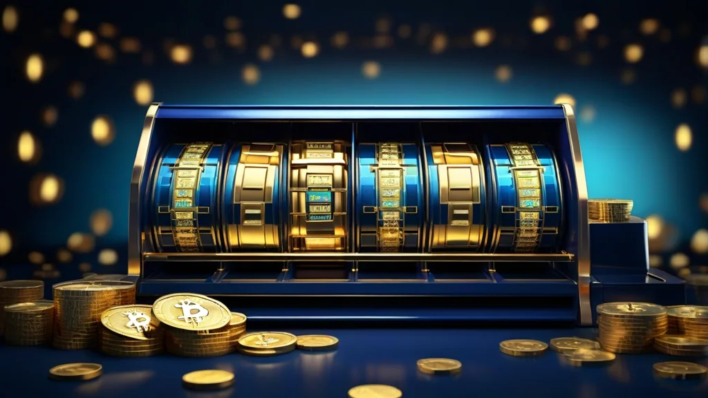 Desenho de uma máquina de slots dourada rodeada de moedas, sobre fundo azul