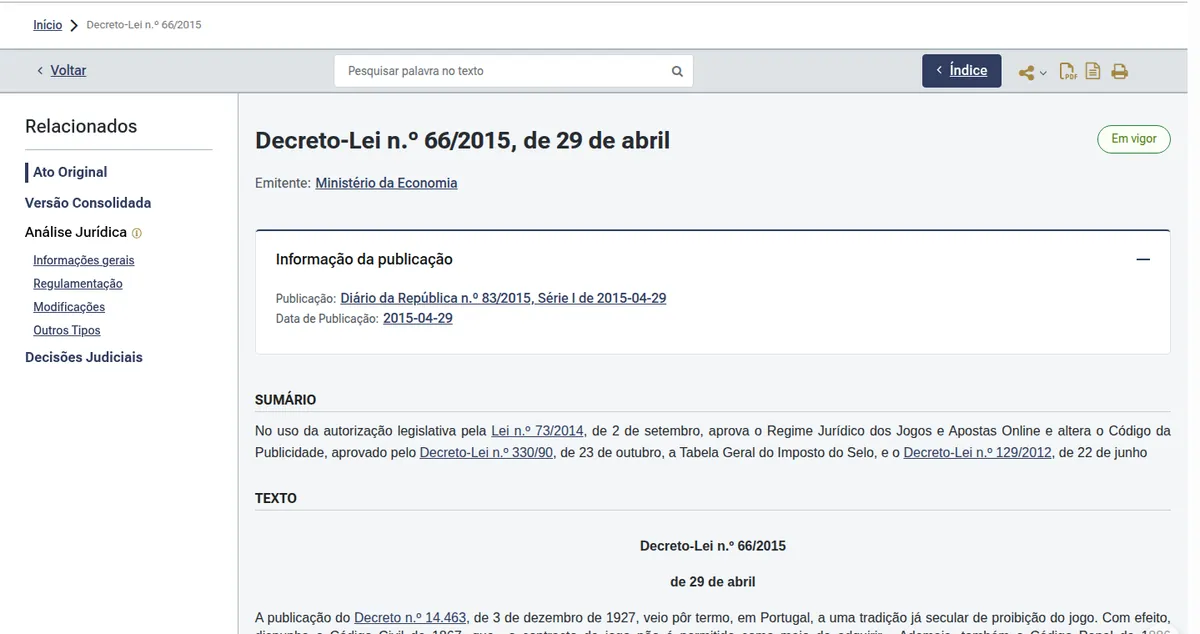 Registo do Decreto-Lei n.º 66/2015 no Diário da República