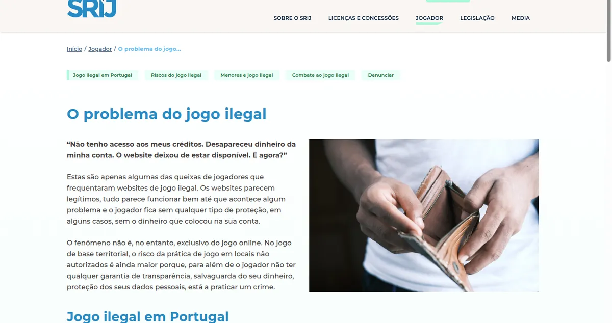 Página do SRIJ sobre o problema do jogo ilegal