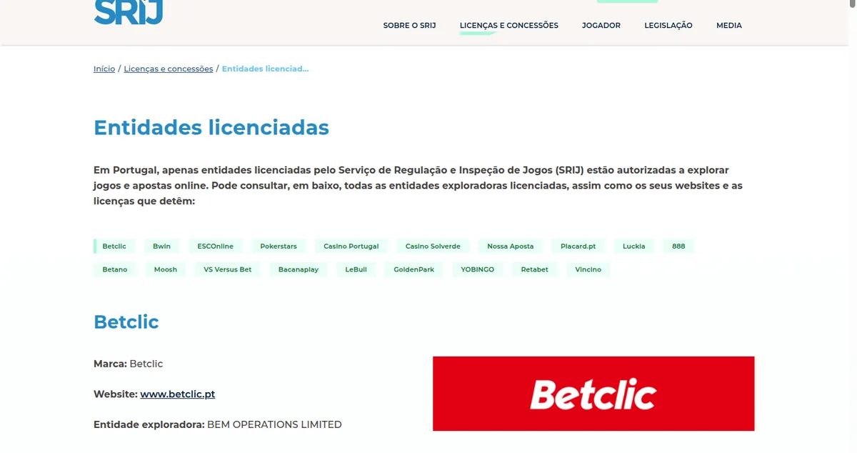 Registo de entidades licenciadas para jogo online em Portugal